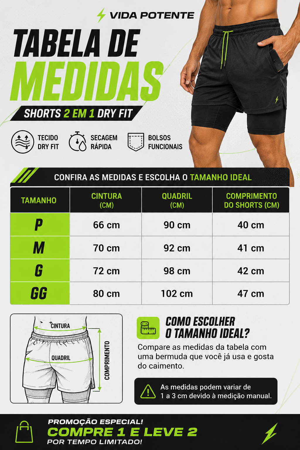 Shorts 2 em 1 Dry Fit Vida Potente — Compre 1, Leve 2